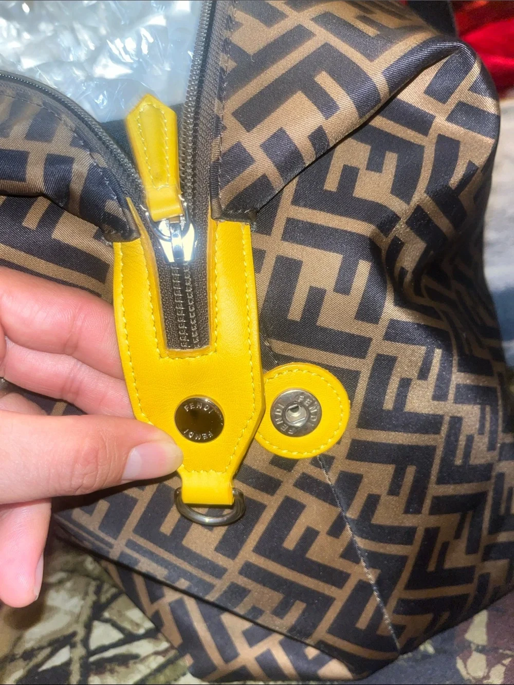 Fendi Brown Monogram Duffle with Yellow Logo and Black Straps
